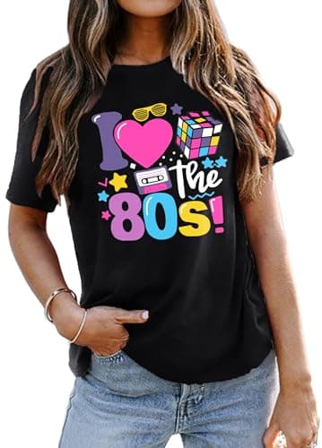 Image of tiorhooe 80s T Shirts Women Retro 80s 90s Theme Party T-Shirt 80s 90s Fancy Dress Costume Outfits Tops