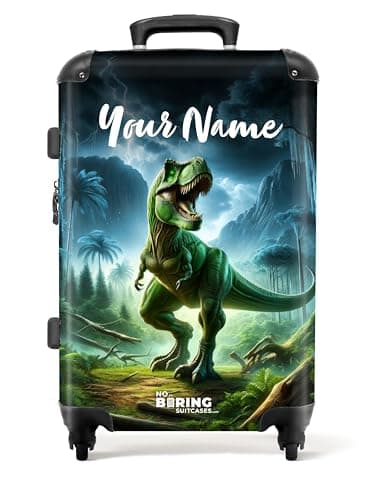 Image of NoBoringSuitcases.com® Children's Luggage Kids Suitcase for Boys - Personalised Large Hard Shell Luggage on Wheels - Green Dinosaur in Jungle - 26-28 inch - 23kg