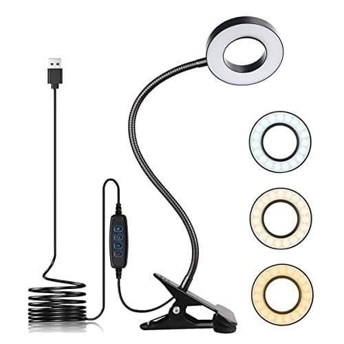 Image of KNAMKY USB LED Desk Lamp Clip On Light, 3 Light Mode 10 Dimmable Brightness Eye Caring Book Adjustable for Reading Studying Working Video Conference Lighting (Black)