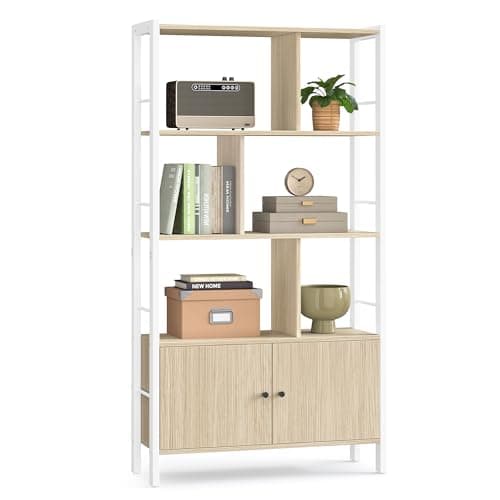 Image of VASAGLE Bookshelf, Storage Shelf, Large Bookcase with Doors, 4 Shelves, Stable Steel Structure, Modern Style, for Living Room, Office, Natural Beige and Cloud White LBC022LL01