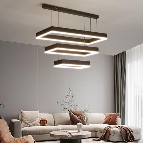 Image of Modern Kitchen Island Pendant Light, Rectangle Dimmable LED Chandelier, 3 Layer Adjustable Ceiling Light Fixture for Dining Room, Living Room, Bedroom, 3000K-6500K, Black Foyer Hanging Lighting