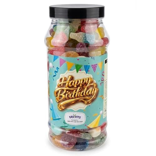 Image of GRO VITS - Happy Birthday Pick n Mix Sweet Jar - Classic Retro Pick and Mix Jar Candy Selection Assortment Gummy Birthday Gift 23cm x 9cm - 635g