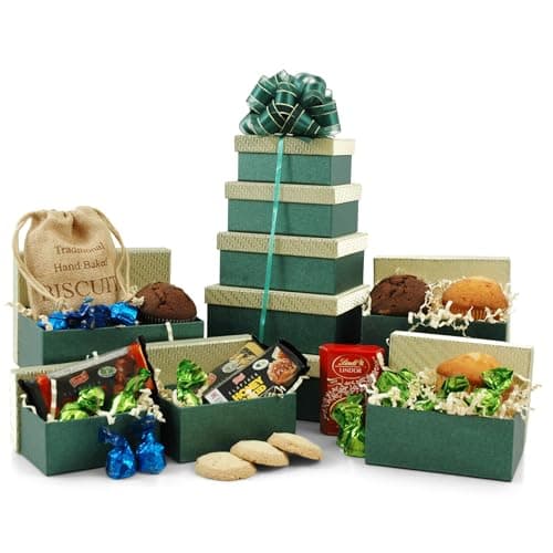 Image of Muffins, Flapjacks & Cookies Gift Tower | 5-Tier Sweet Bakery Hamper with Artisan Baked Goods & Swiss Chocolates | Reusable Green & Gold Boxes
