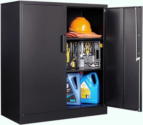 Image of SISESOL Metal Storage Cabinet with Doors and Shelves,Garage Storage Cabinet with Lock,Black Metal Cabinet with Locking Doors,Steel Cabinet,Lockable Storage Cabinet for Home,Office,Garage Cabinets