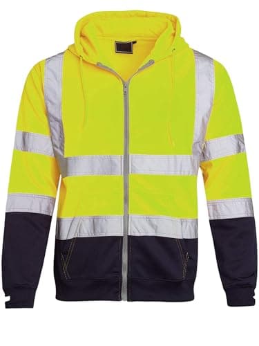 Image of shelikes Mens Hi Vis Hoodie with Reflective Tape High Visibility Full Zip Up Hooded Sweatshirt Work Top Safety Workwear Hoody Jackets