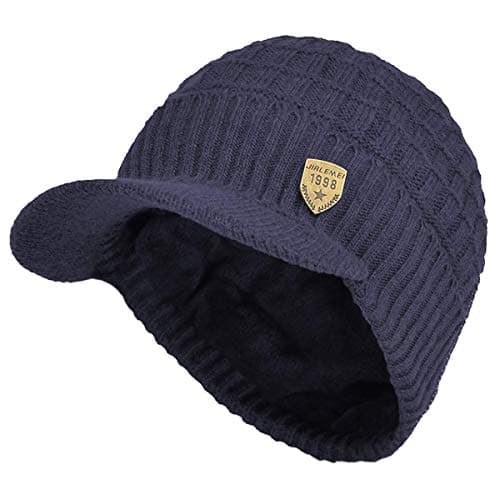 Image of Yixda Men's Winter Hat with Peak Warm Knitted Beanie Cap with Fleece Lining, navy, One Size