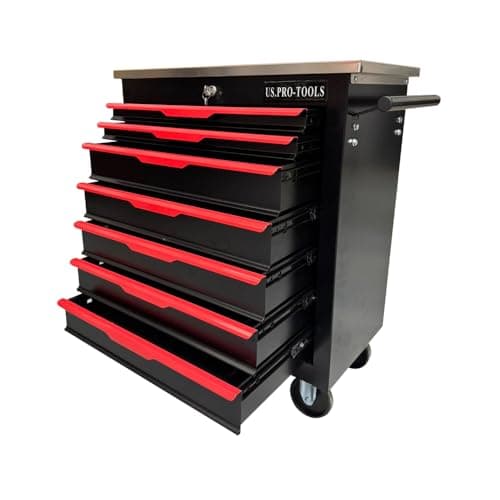Image of U.S. PRO-TOOLS Rolling Tool Cabinet, 7-Drawer Storage Chest, Black and Red with Stainless Steel Top