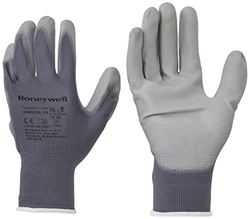 Image of Honeywell 2400250-10 Perfect Poly Grey Polyamide Knitted Gloves for Fine Handling, PU Coating, Gauge 15, 25 cm Length, Size 10 (Pack of 10 Pairs)