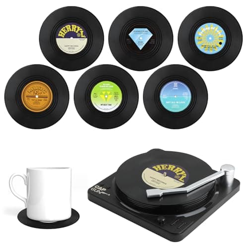 Image of 6 PCS Retro CD Record Coasters, Vinyl Record Music Non-Slip Drinks Coasters Cup Mat with Holder Round for Coffee Tea Beer Mug Wine Glass Home and Bar Decor Idea Lovers and Birthday Gift