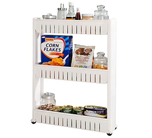 Image of G4RCE 0B-HTJW-5KJ0I Slim Slide Out Kitchen Trolley Storage Shelf Organizer Moving Wall Cabinets Tower Holder Rack on Wheels 3 4 Tier, White / Rolling Pantry Storage