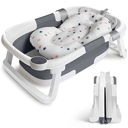 Image of Baby Bath Tub Foldable Bathtub, Collapsible Toddler Bath Tubs with Baths Support Cushion Pad Seat Mat, Anti-Slip Portable Travel Shower Bathing Basin Folding Bathtubs for Newborn Toddler Infant (Grey)