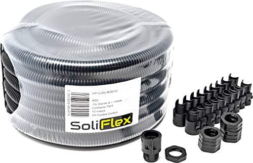 Image of SoliFlex Flexible Conduit Outdoor Cable Contractor Pack IP40-10M Coil - Underground Burial, External Trunking, Electrical Ducting, Hose Pipe Wire Protection. w/Fittings - 10 Glands and Locknuts (M20)