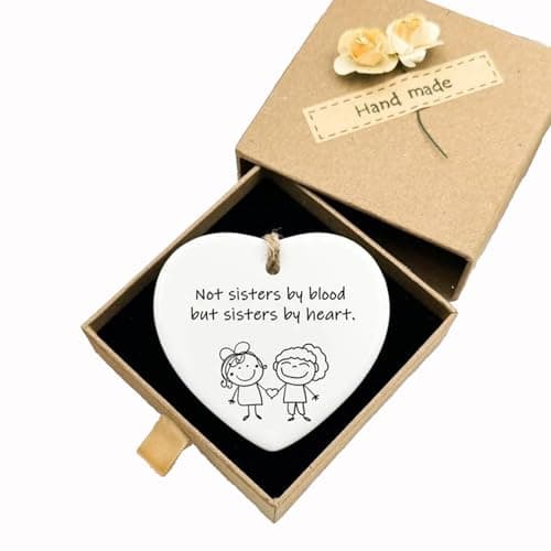 Image of Not Sister by Blood but Sisters by Heart, Acrylic Heart Plaque with Gift Box, Inspirational Hanging Wall Decor, Positive Message, Heartwarming Gift for Friends, Women, Birthday, Keepsake (White)