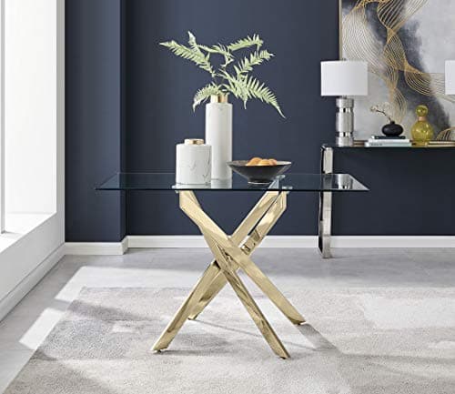 Image of Furniturebox UK Leonardo 4 Clear Glass And Gold Metal Modern Stylish Rectangular Dining Table