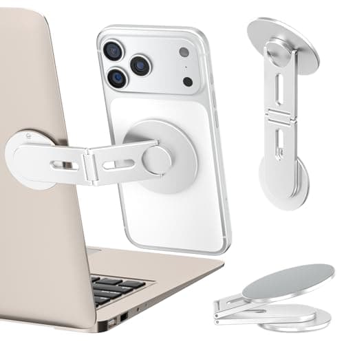 Image of ALAFLY Magnetic Laptop Phone Holder, Foldable Hidden Mount Compatible with iPhone 17/16/15/14/13 & All Phone, 360° Rotating Monitor Side Phone Stand for Laptop, Tesla Model 3/Y, Desktop, Silver