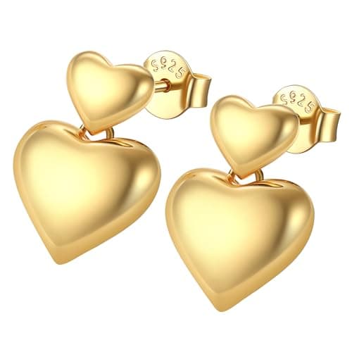 Image of Gold Heart Earrings Dangle|Double Heart Stud Earrings, 14K Gold Plated S925 Sterling Silver Chunky Statement Studs for Bithday Anniversary Jewelry Gifts