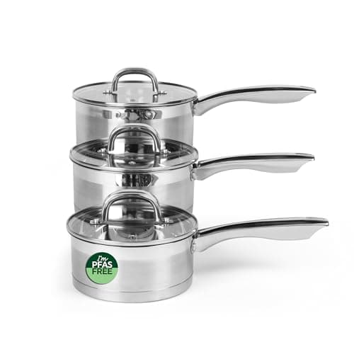 Image of Salter Timeless 3 Piece Saucepan Set - 16cm, 18cm, 20cm Stainless Steel Pans, Includes Tempered Glass Lids with Steam Vents, Induction Hob Cooking Pans, Dishwasher Safe, Scratch Resistant Finish