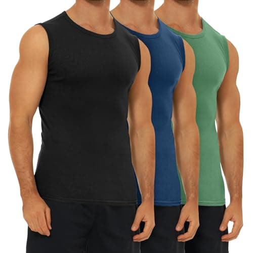 Image of FALARY Men's Sleeveless Tank Tops 100% Cotton Gym Vest Top for Men Workout Running Training Breathable Soft Comfort Fit Athletic Singlet Black Navy Blue Green S 3 Pack