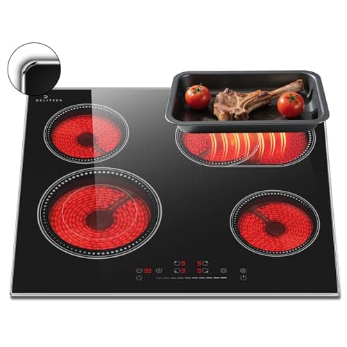 Image of DELITEER Electric Hob 60cm, 4 Zone Ceramic Hob 6600W, Built-in 60cm Electric Ceramic Hob with Oval Zond and Double-ring burner, 99 Mins Timer, No Plug