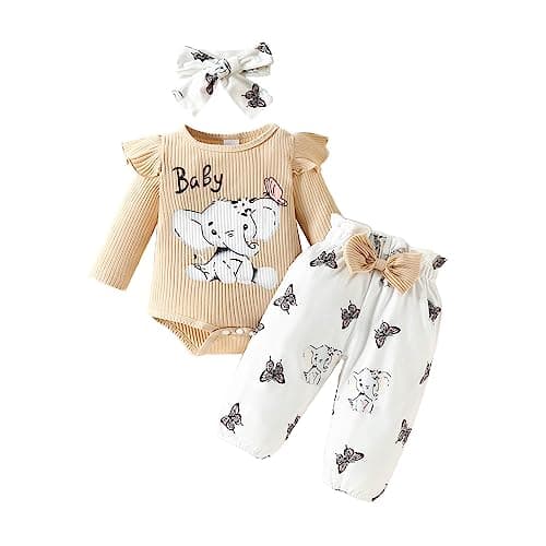 Image of 2026 Stylish Girls' Long Sleeve Rib Knit Bodysuit Set with Cute Cartoon Motifs Headband Accessory, White, 9-12 Months