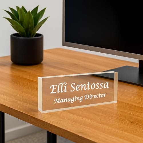 Image of Personalised Office Desk Name Plate Custom Modern Plaque Sign Clear Glass Effect Black Acrylic Base Work Home Gift for Loved Ones