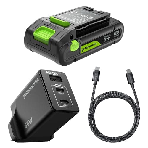 Image of Greenworks 24V 2Ah High Power USB-C Battery & 65W USB-C Charger & 100W cable, Li-Ion Battery Suitable for all 200+ Greenworks 24V devices, 2-year warranty - K2S2BEA
