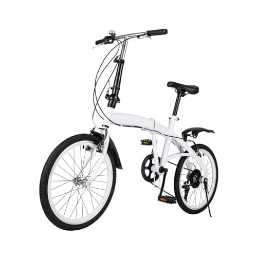 Image of Gdetnysty 20" Folding Bike Adults Bicycle Lightweight Alloy City White Foldable For Adult Commute 6 Speed Gear 146x113cm with Dual V Brakes Shock Absorbers Mudguards Anti Slip Armrest 198lbs Capacity