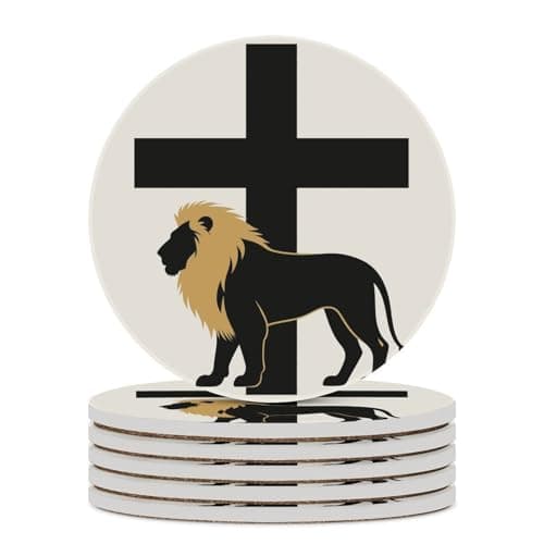 Image of 6PCS African Leo Lion King with Cross Coasters Non-Slip Round Drink Coasters with Ceramic Stone and Cork Base, Heat Resistant Absorbent 33.00Stone Coaster Set for Kinds of Mugs and Cups, 4 Inch