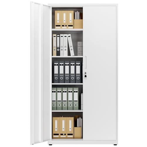 Image of LAND·VOI Steel Storage Cabinet, 5-Tier Lockable Cabinet with Adjustable Shelves, Double-Door Cupboard Storage, For Home, Office Storage, 40×80×181.5cm, Tall Cabinet, White