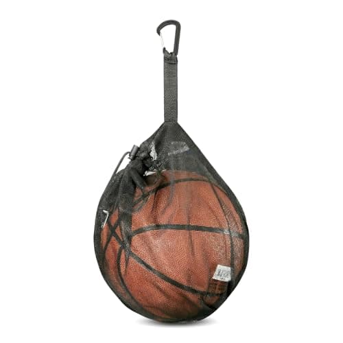 Image of Single Ball Bag Mesh Basketball Bag with Zipper Pocket & Carabiner, Portable Drawstring Football Bag Carrier Holder for Volleyball Rugby Soccer, Heavy Duty Sports Equipment Net Bag for Backpack