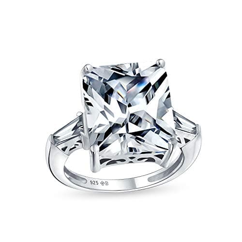 Image of Art Deco Style .925 Sterling Silver Large Rectangle AAA CZ Cubic Zirconia Brilliant Cut Statement Engagement Ring Baguette Side Stones
