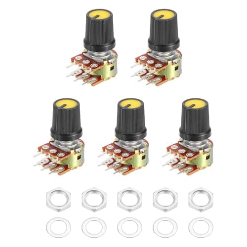 Image of sourcing map 5Set WH148 B20K Ohm Potentiometer Kit, 6-Pin Split Shaft Rotary Linear Dual Taper Rotary Audio Potentiometer with Knob Nut Washer for Audio Volume Control, 15mm Shaft, Black/Yellow