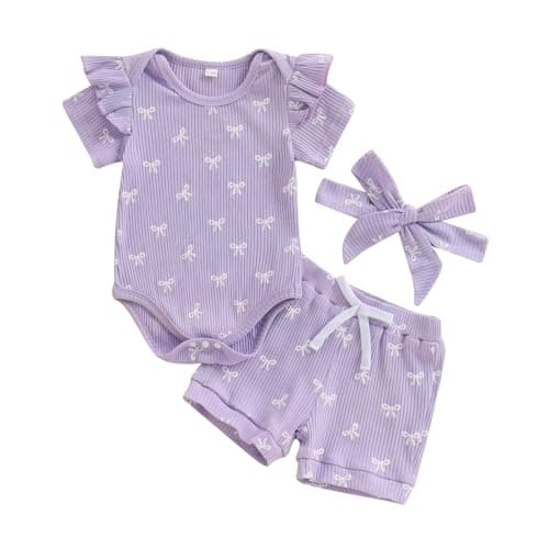 Image of XIXIMAON Baby Girl Summer Outfits Ruffle Short Sleeve Crew Neck Romper Elastic Waist Shorts Headband 3pcs Bow Print Newborn Ribbed Cotton Clothes (Purple, 3-6 Months)