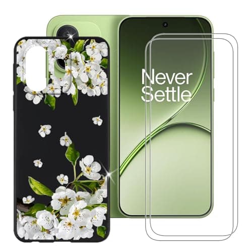 Image of BUNALFaa Case for OnePlus 15T (6.32") + Screen Protector 9H Hardness Tempered Glass(2 Pieces) - Cover Black TPU Soft Silicone Shell - Pear Blossom