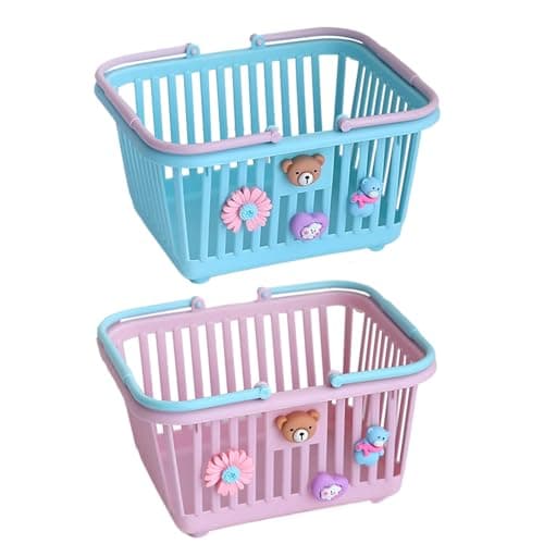 Image of 2Pcs Childs Shopping Baskets Playset, Pretend Play Storage Basket with 4 Adornments, Stationery Toiletries Holder with Handles, Cartoon Play Toy Storage, for Children's Room, Shopping Game