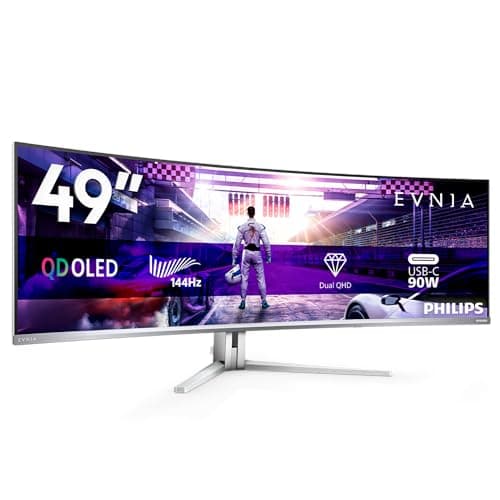 Image of Philips Evnia 49M2C8900L - 49 Inch DQHD OLED Curved Gaming Monitor, 144 Hertz, 0.03ms GtG, HDR400, Ambiglow, FreeSync Prem. Pro (5120x1440, HDMI 2.1, DisplayPort 1.4, USB-C, USB Hub) White
