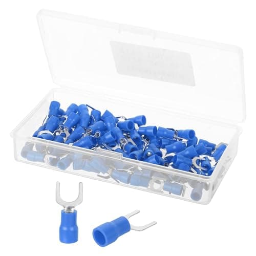 Image of sourcing map Insulated Fork Spade Connectors, 16-14AWG SV2-6 U-Type Tinned Copper Waterproof Fork Crimp terminals Connectors for Industrial Electrical Marine Wiring, Pack of 100 (Blue)