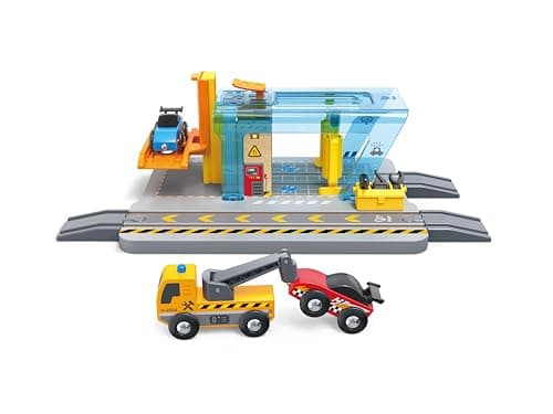 Image of Hape Repair & Wash Station | Interactive Car Wash & Repair Playset for Wooden Railway Sets | Includes Spinning Brushes, Liftable Platform & Launch Mechanism | From 3 Years +
