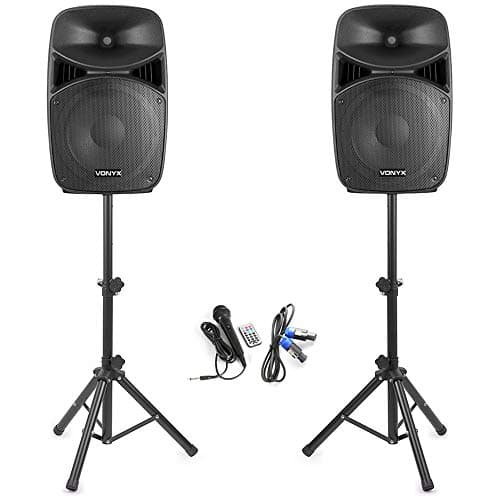 Image of Vonyx VPS152A 15-Inch Active Party Speaker System with Bluetooth, Speaker Stands, Wired Microphone & LED Lights – Complete DJ PA System for Karaoke, Events, Parties & Stage Performance