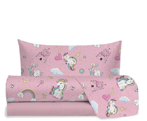 Image of Hermet Jolly Unicorn Single Bed Sheet Set, 100% Cotton, Top Sheet + Fitted Sheet + Pillowcase, Pink Bedding Set for Bedroom