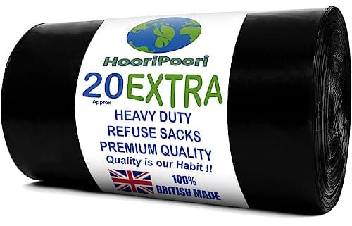 Image of HooriPoori 100L 20 Xl Black Heavy Duty Bin Bags, 50 μm Strong Leak & Tear Resistant Dustbin Bags Roll, Bin Liners, Secured Trash bags, Refuse Sacks 100% Recycled Material & Eco Friendly