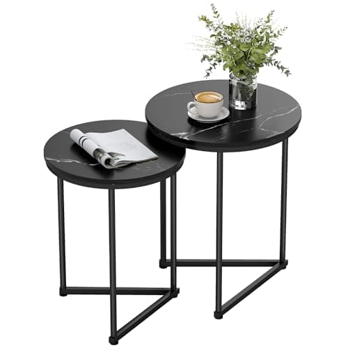 Image of HOMCOM Nesting Coffee Table Set of 2, Modern Nest of Tables, Round Sofa Side Tables with Metal Frame for Living Room, Bedroom, Small Space, Black Marble Effect