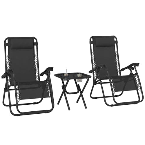 Image of Outsunny Folding Zero Gravity Chairs, 3 Pieces Adjustable Sun Lounger and Table Set with Cup Holder and Headrest, Patio Bistro Set with Reclining Garden Chairs for Outdoor, Black