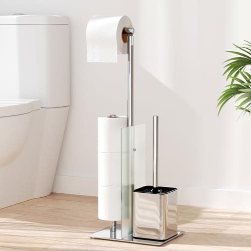 Image of susswiff Toilet Roll Holder with Brush - Stainless Steel Free Standing Glass Baffle, Paper and Brush, Silver (BSP-1482)