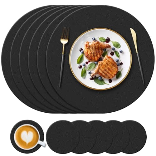 Image of KERYCHIN 6 Round Silicone Placemats(34cm) and 6 Coasters(10cm) Set, Heat-Resistant 450 °F Place Mats, Non-Slip and Washable, Tablemats for Hotel, Restaurant, Kitchen Glass Dining Table, Black
