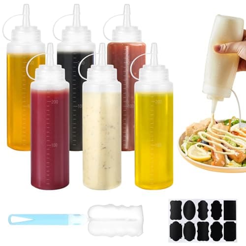 Image of CoKeeSun Squeeze Bottle 6PCS, Sauce Bottle 8oz/250ml, Squeezy Bottles with Nozzles, Reusable Squeeze Condiment Bottle with Cleaning Brush Sticker for Ketchup BBQ Olive Oil Salad Dressing (6PCS)