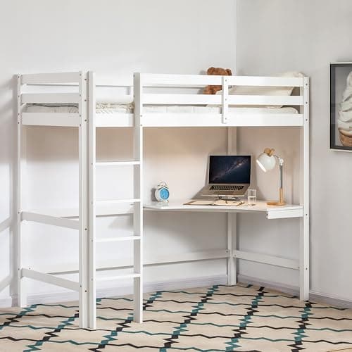 Image of Vida Designs Sydney High Sleeper Bunk Bed, Solid Pine Wood Kids Loft Bed Frame With Desk, Perfect For Children, Single 3 Foot, White