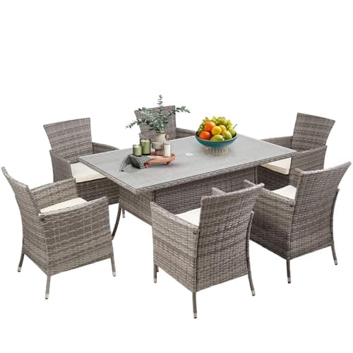 Image of Warmiehomy Rattan Garden Table and Chairs Set 7 Pieces Garden Dining Set 150x90cm Rectangular Patio Table with Parasol Hole Tempered Glass Top and 6 Seater Wicker Armchairs with Seat Cushions, Grey