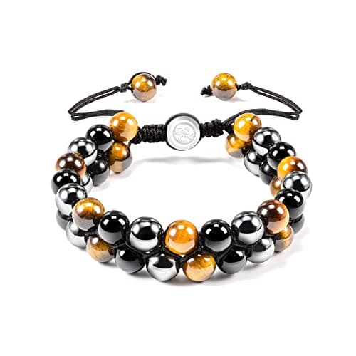 Image of VGWON Mens Crystal Bracelet 8mm Blue Tiger Eye Obsidian Natural Stone Beads Triple Protection Bracelet Christmas Valentine's Day Father's Day Gift