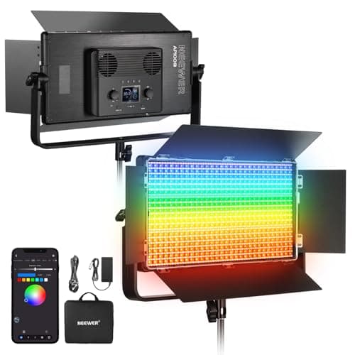 Image of NEEWER 105W RGB LED Panel Video Light Kit with Barn Doors, 1200 LEDs 31500Lux/0.5m 2500K-10000K CRI96+/TLCI97+ Dimmable, APP/2.4G/Panel/DMX Control, Studio Photography Video Recording Lighting, AP100C